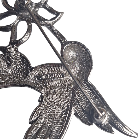 Vtg Avon SilverTone Purple Rhinestone Marcasite Hummingbird & Flower Brooch Pin - Picture 4 of 6